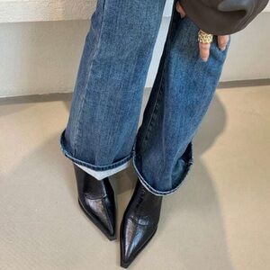 Rebellious Rose Black Pointed Toe Ankle Boots faux leather